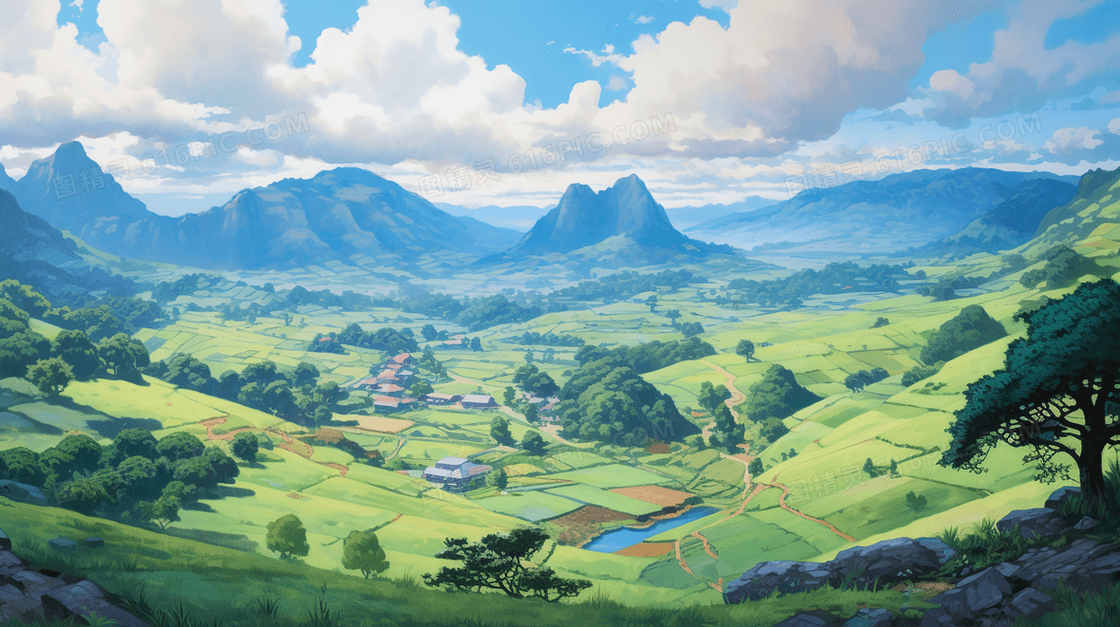 乡村田野风光风景插画
