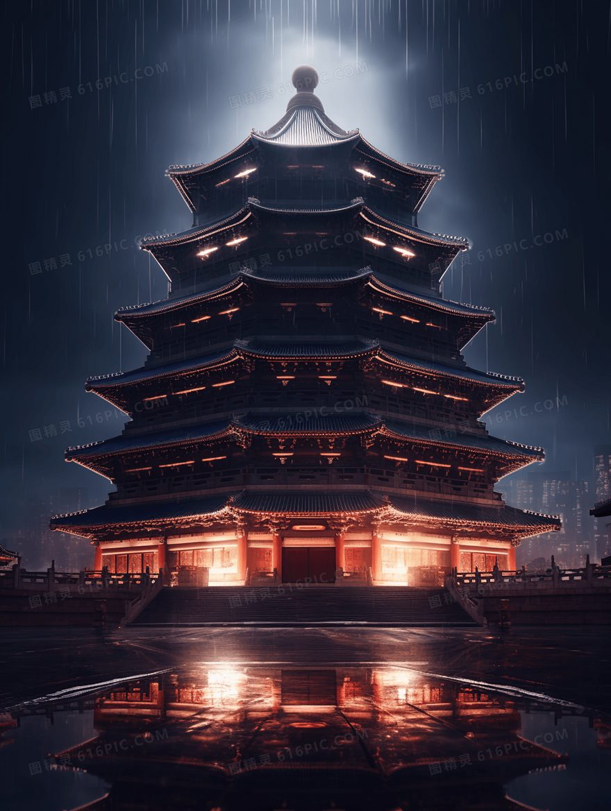 静谧雨夜中国风古楼古建筑创意插画