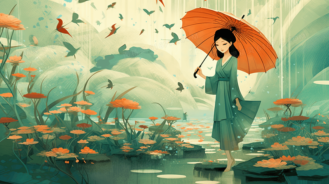 卡通清纯少女风景插画