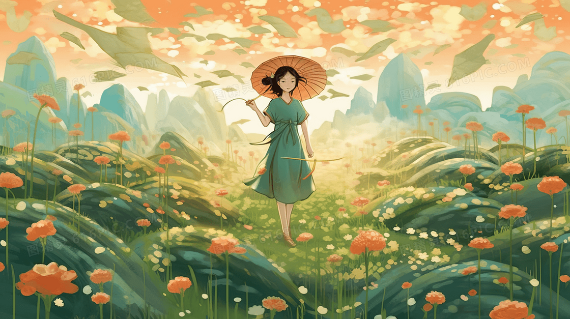 卡通清纯少女风景插画