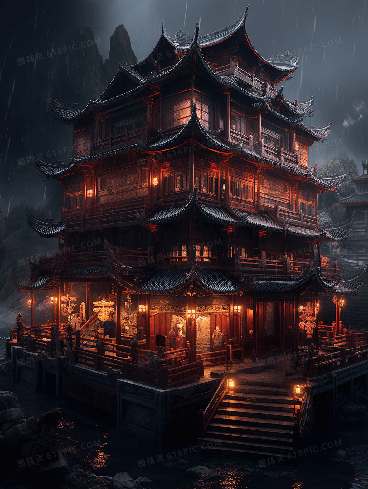 静谧雨夜中国风古楼古建筑创意插画