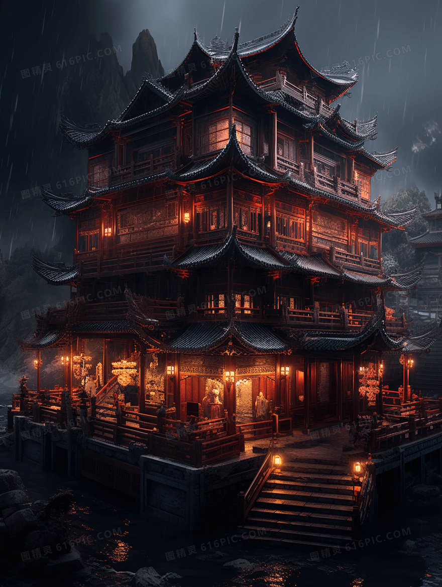 静谧雨夜中国风古楼古建筑创意插画