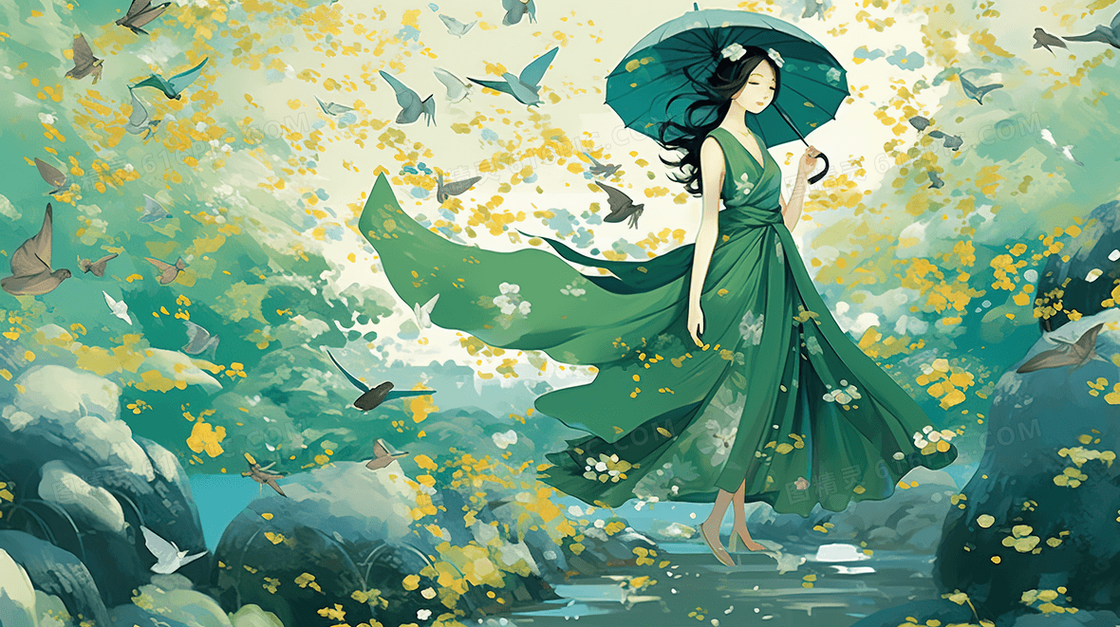 卡通清纯少女风景插画