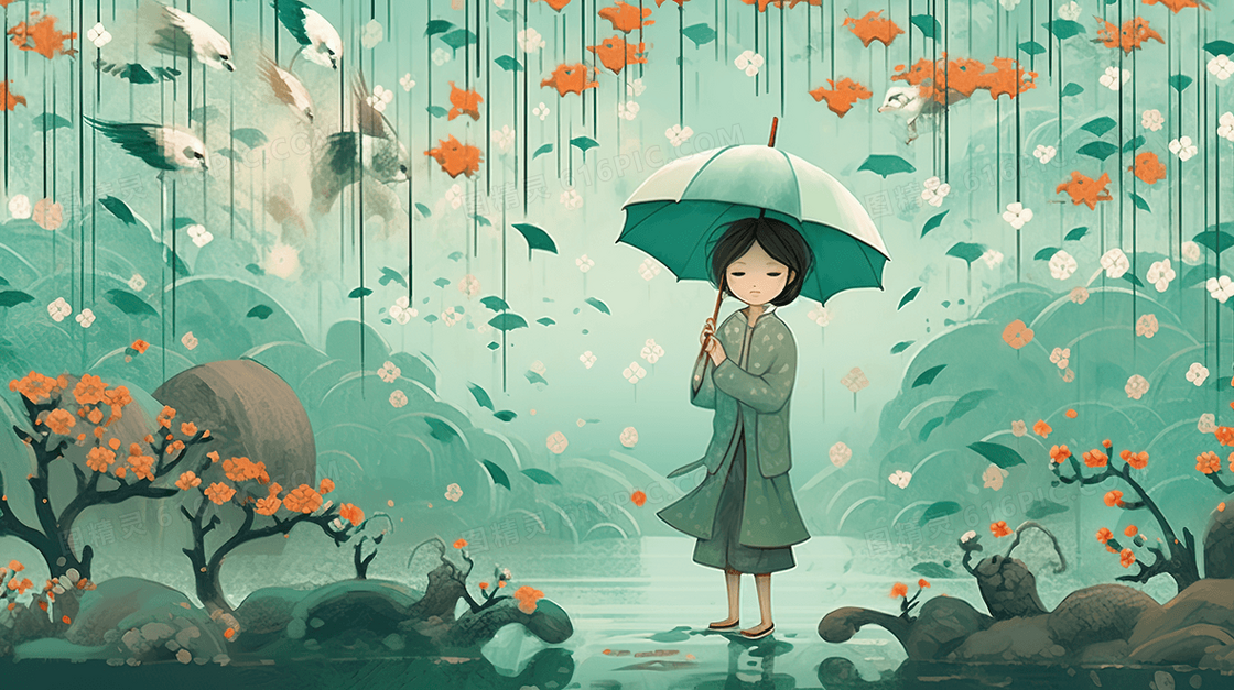 卡通清纯少女风景插画