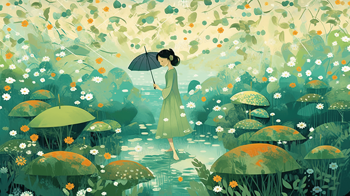 卡通清纯少女风景插画