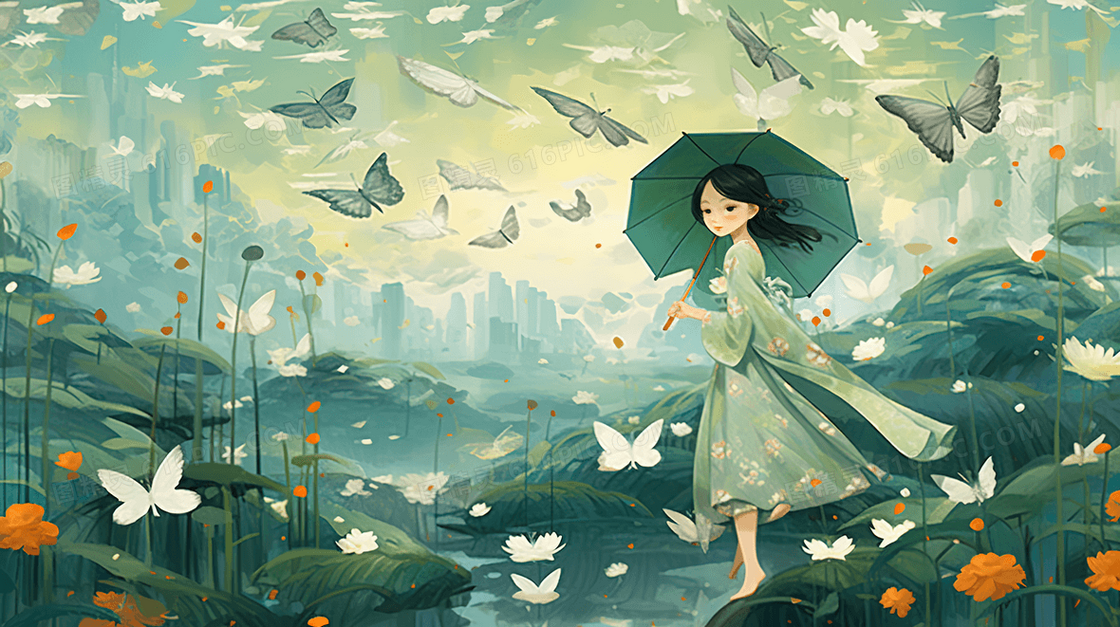 卡通清纯少女风景插画