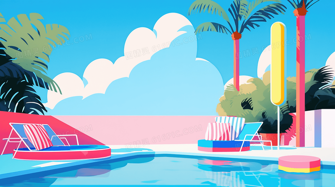 彩色缤纷夏日扁平化泳池度假插画