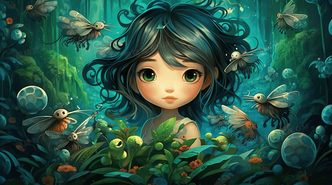 梦幻森林里的可爱女孩创意插画