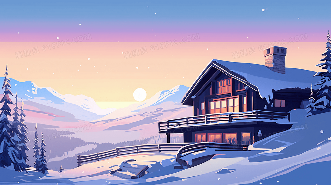 冬日山谷里的房屋风景插画