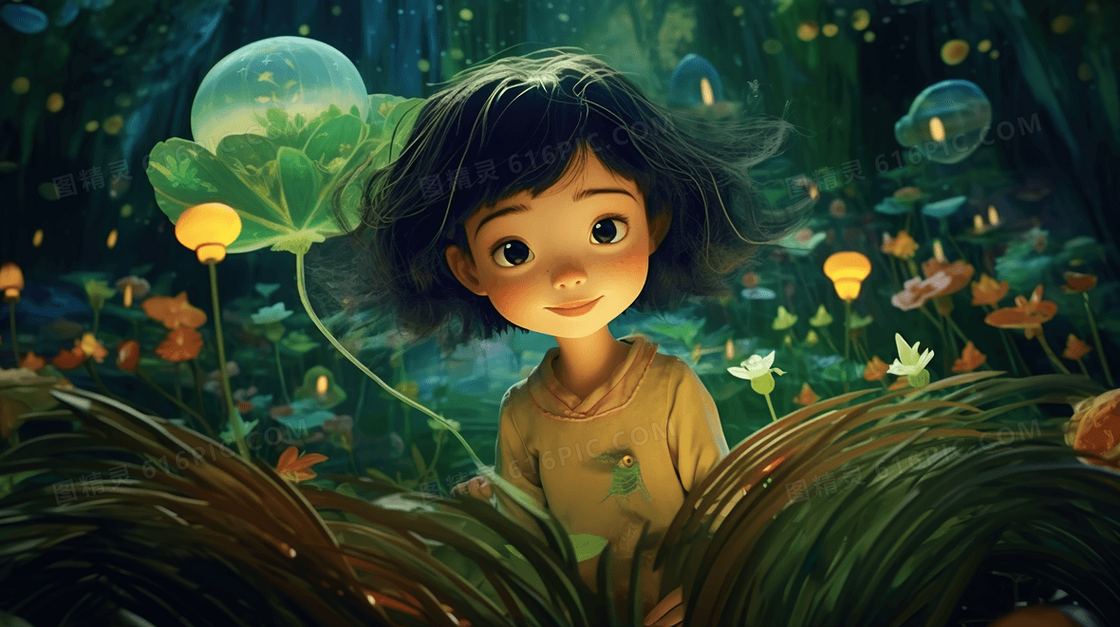 梦幻森林里的可爱女孩创意插画