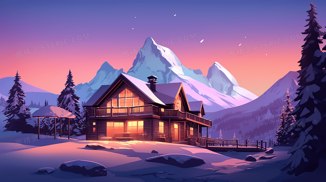 冬日山谷里的房屋风景插画