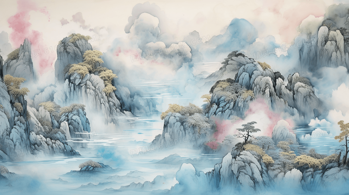 中式意境泼墨山水风景画插画
