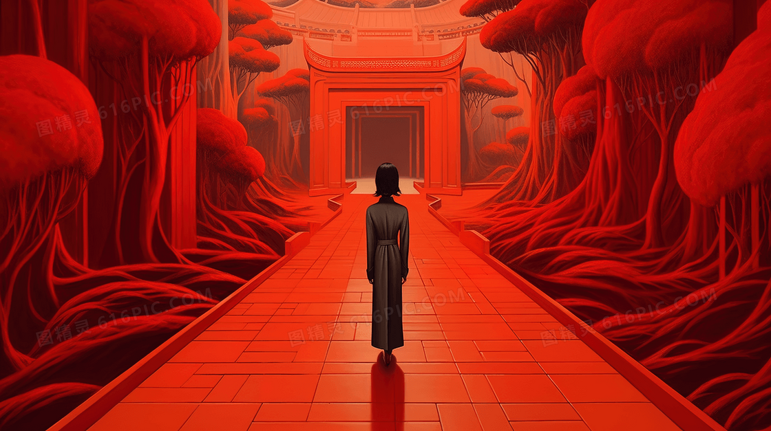 红色古建筑前站立的女人插画