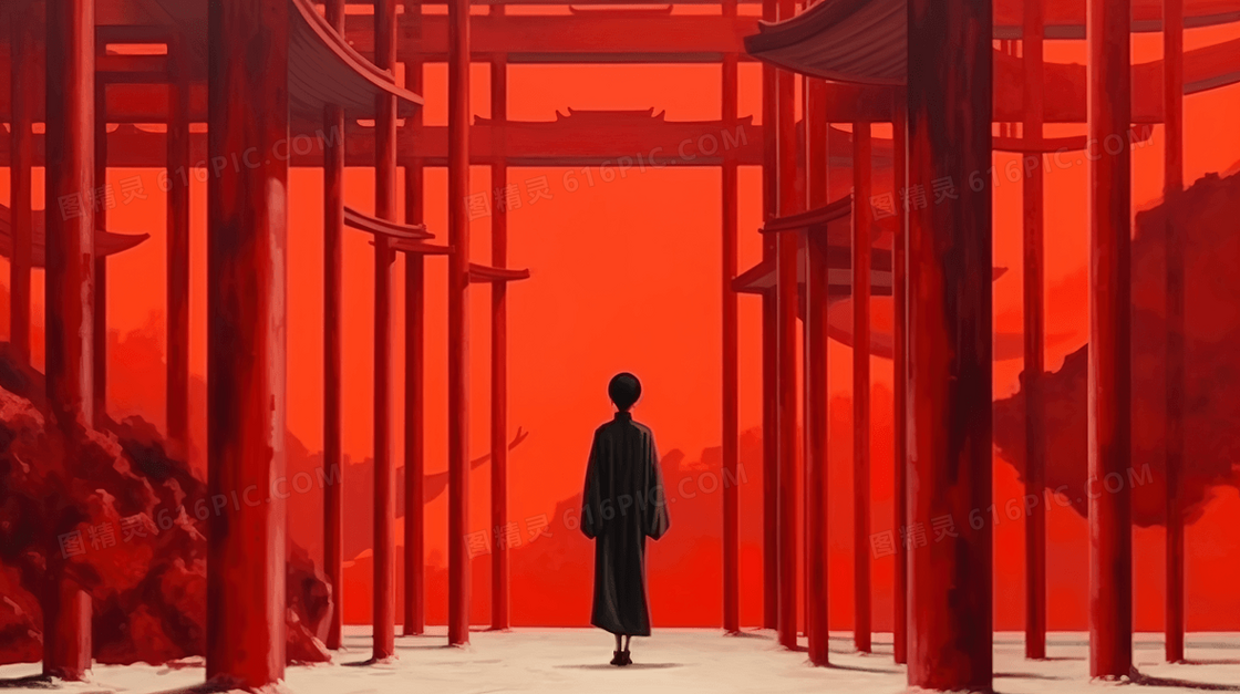 红色古建筑前站立的女人插画