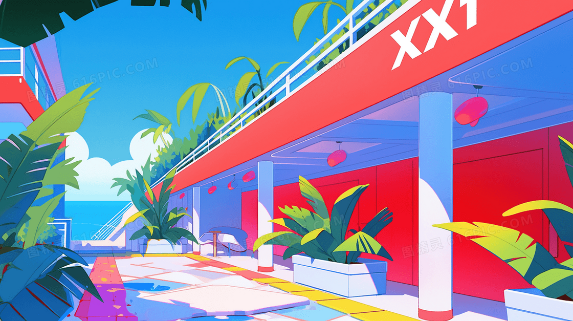 彩色缤纷夏日扁平化泳池度假插画