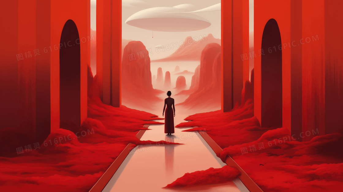 红色古建筑前站立的女人插画