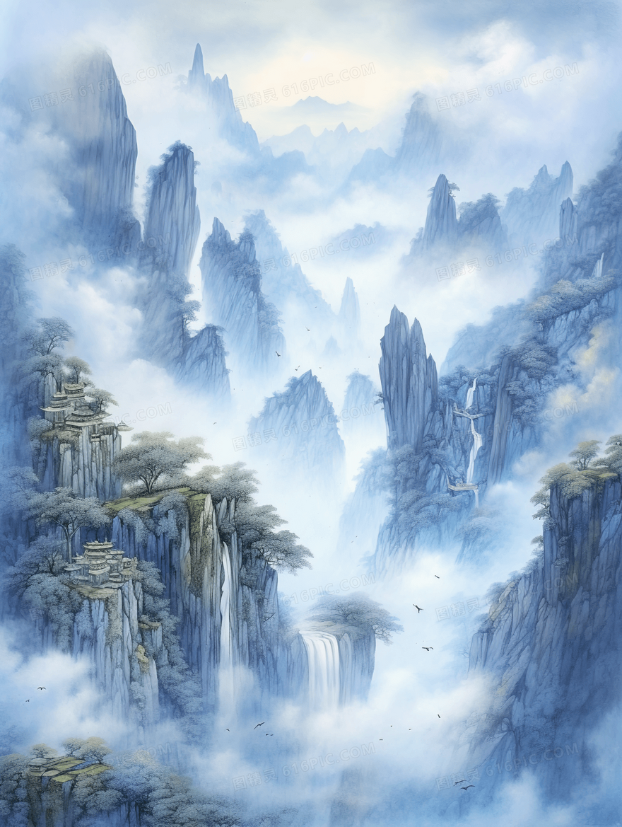 中式意境泼墨山水风景画插画