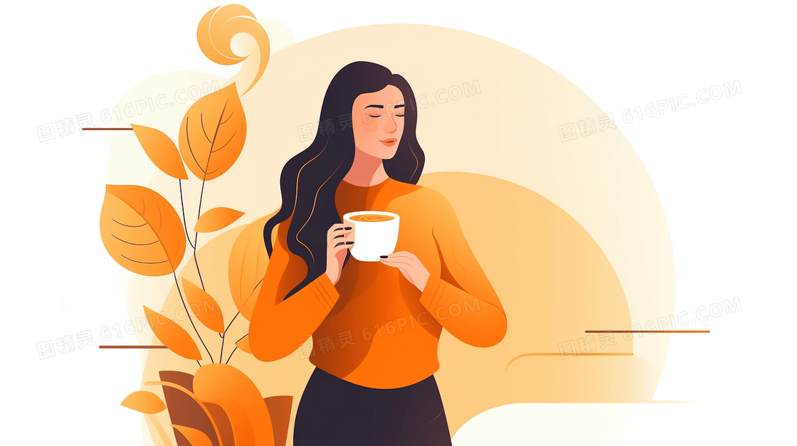 享受下午茶时光喝咖啡的女士插画