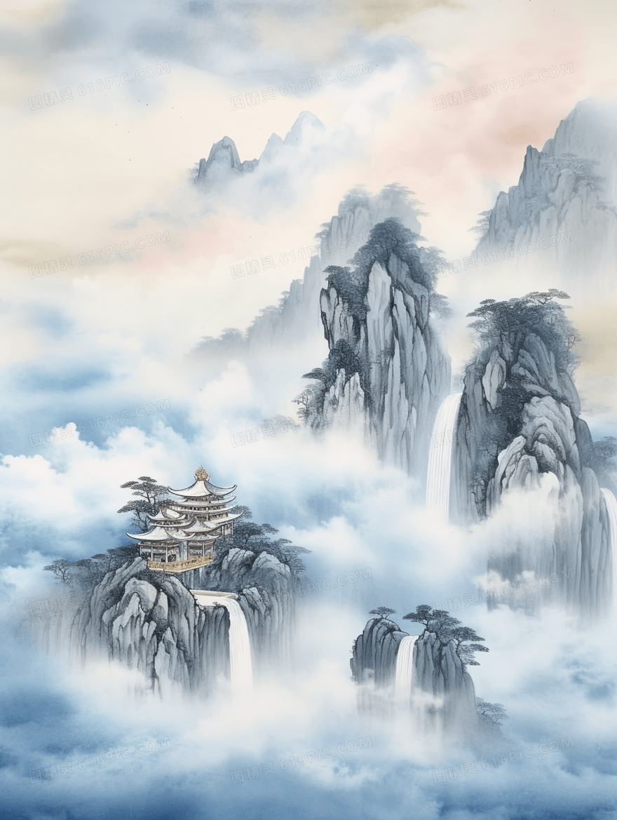 中式意境泼墨山水风景画插画