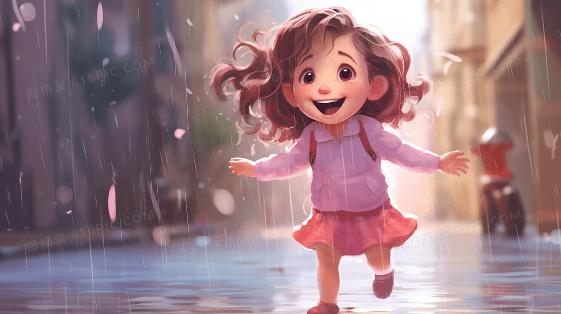 粉色卡通雨中小女孩插画