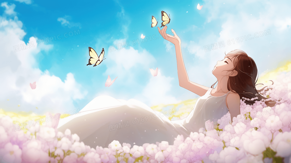 唯美少女躺在花丛中触摸蝴蝶创意插画