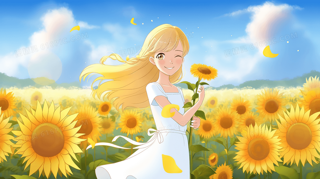 穿着白色连衣裙的可爱金发女孩在向日葵花海中创意插画