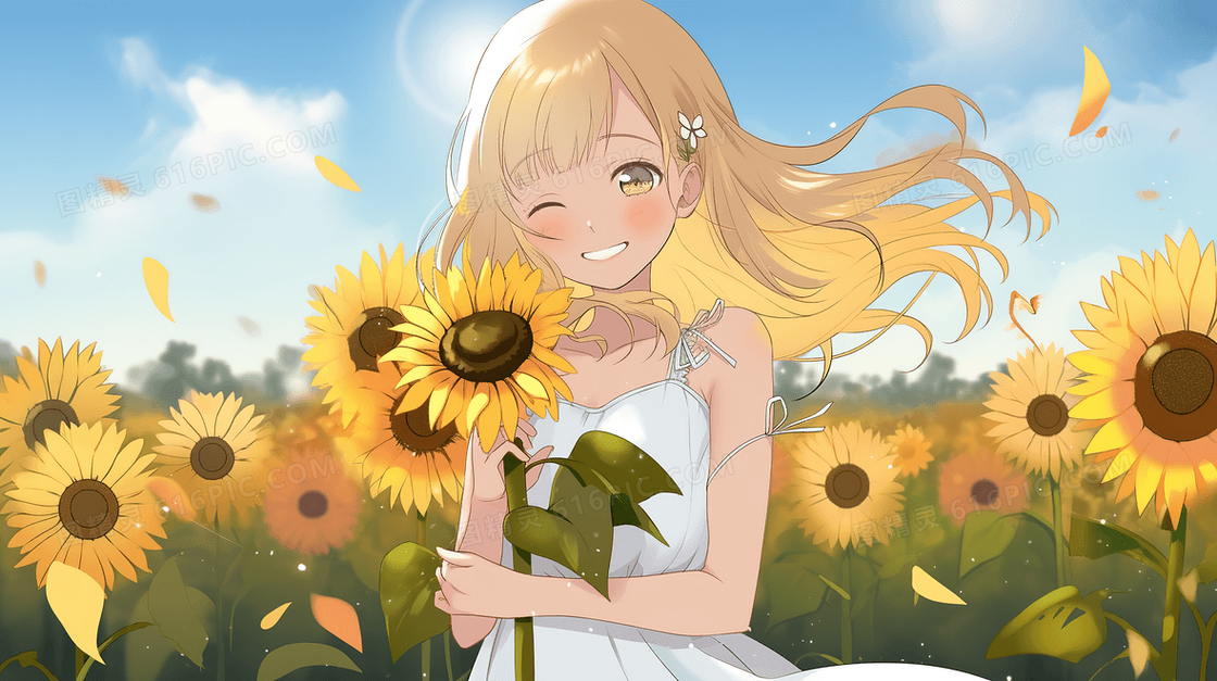穿着白色连衣裙的可爱金发女孩在向日葵花海中创意插画