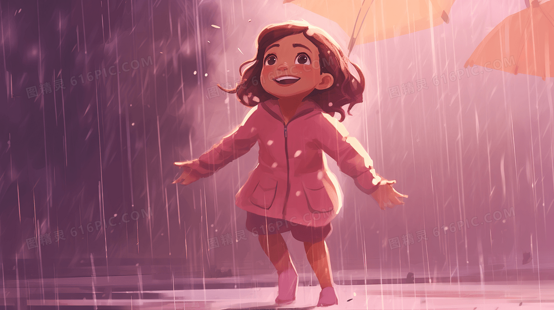 粉色卡通雨中小女孩插画