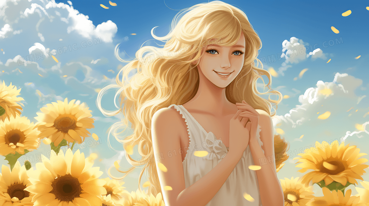 美丽的金发女孩站在向日葵花海中露出了开心的笑容创意插画