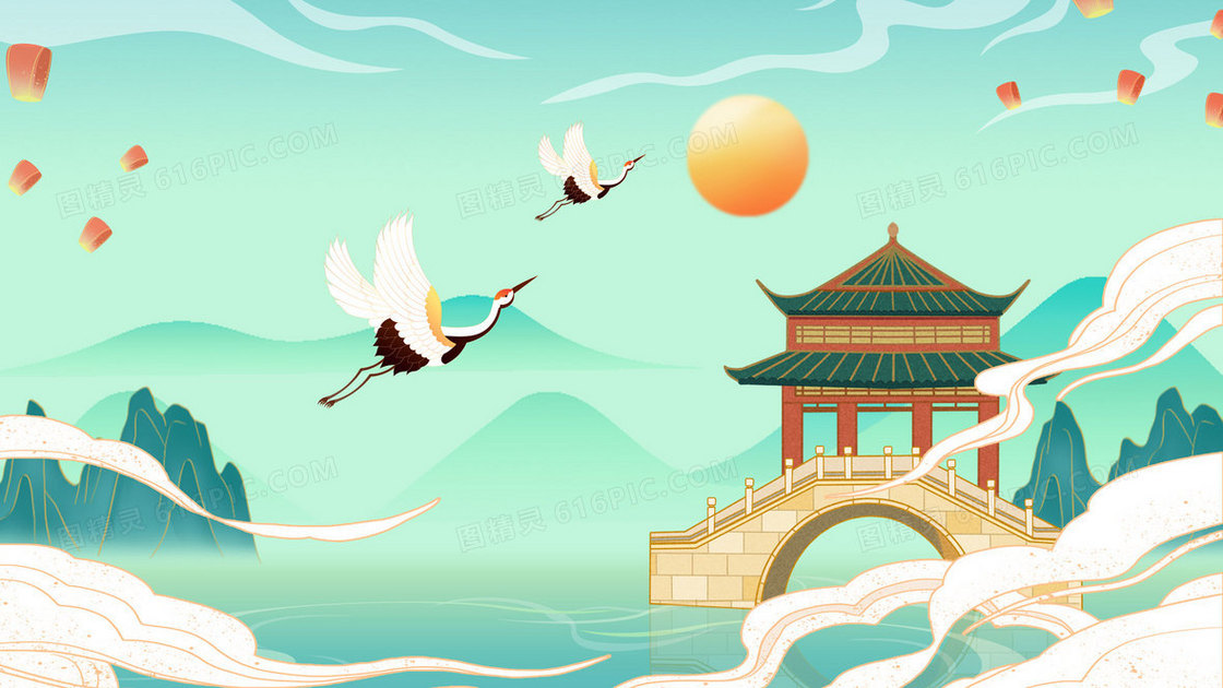 国潮亭台风景手绘插画