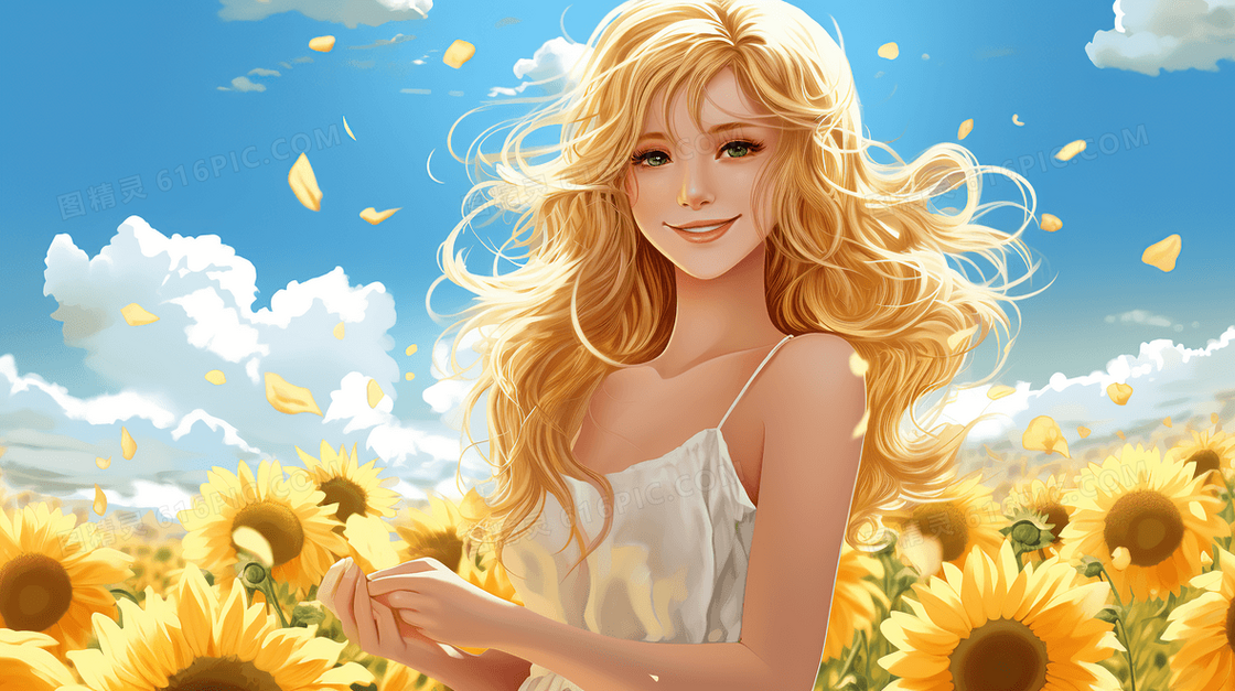 美丽的金发女孩站在向日葵花海中露出了开心的笑容创意插画
