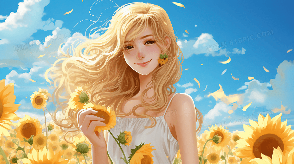 美丽的金发女孩站在向日葵花海中露出了开心的笑容创意插画