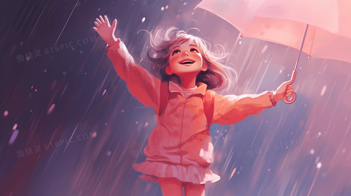 粉色卡通雨中打伞的小女孩插画