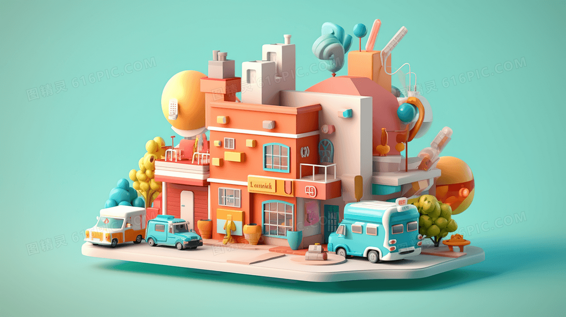 房屋和汽车彩色3D立体C4D几何玩具模型插画