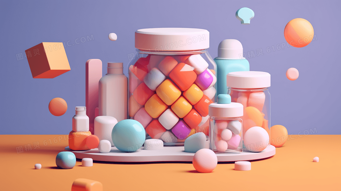 玻璃瓶和药丸3D立体C4D几何玩具模型插画