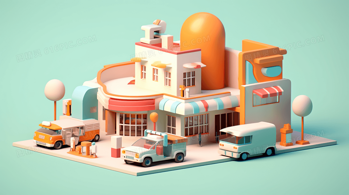 便利店和汽车彩色3D立体C4D几何玩具模型插画