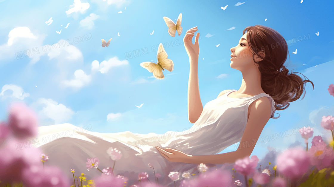 唯美少女躺在花丛中触摸蝴蝶创意插画