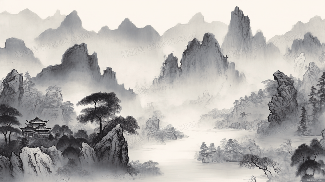 中国风唯美山水风景插画