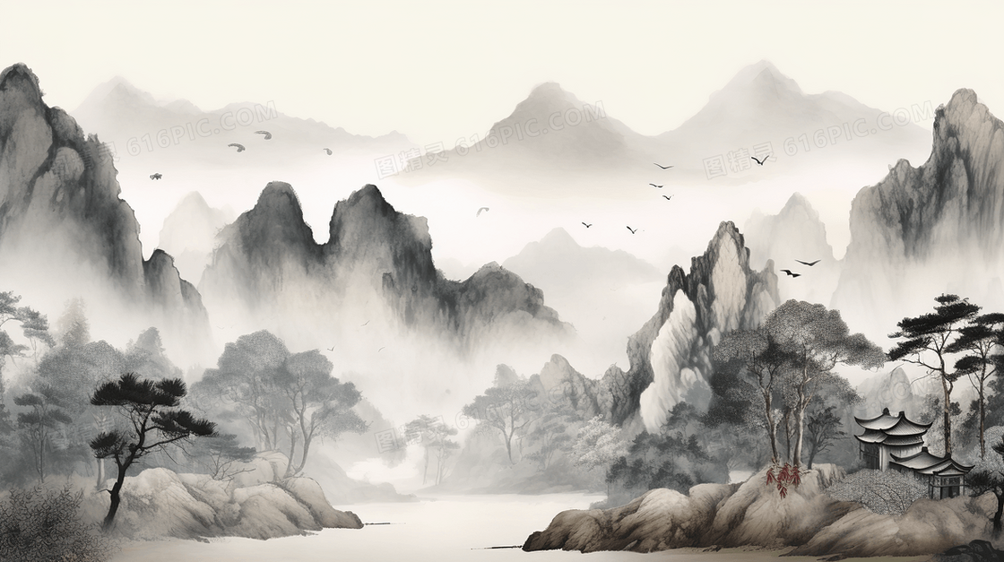 中国风唯美山水风景插画