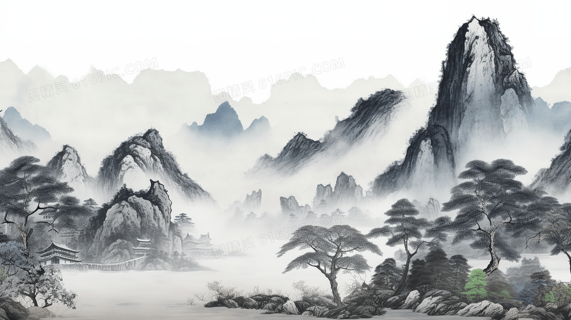 中国风唯美山水风景插画