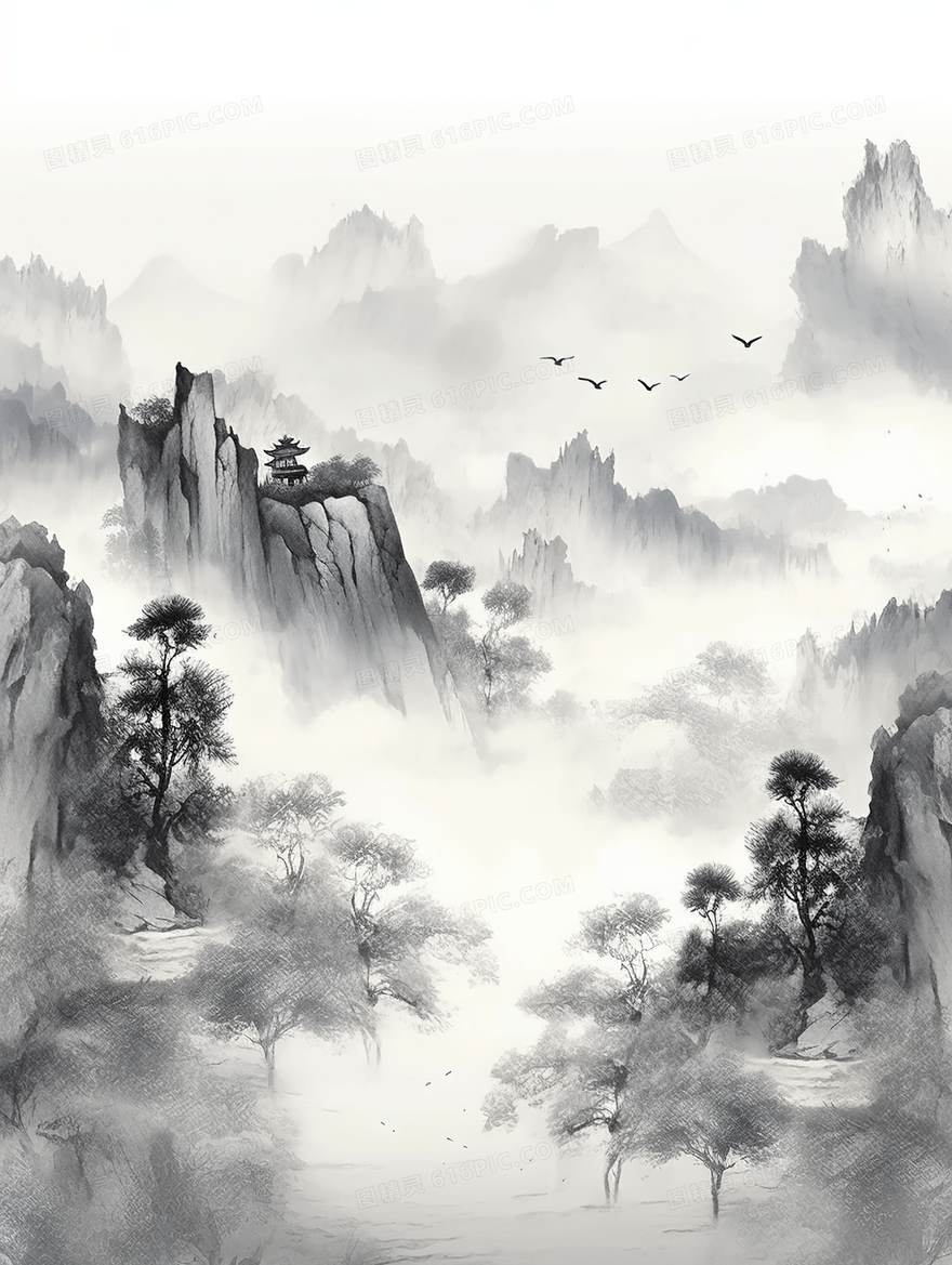 中国风唯美山水风景插画