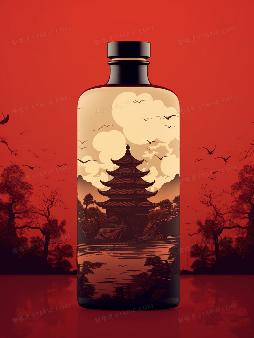 中国风瓶中古建筑风景插画