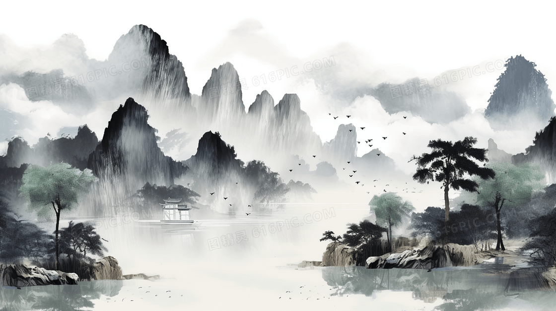 中国风唯美山水风景插画