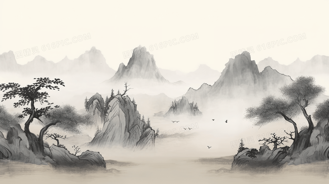 中国风唯美山水风景插画