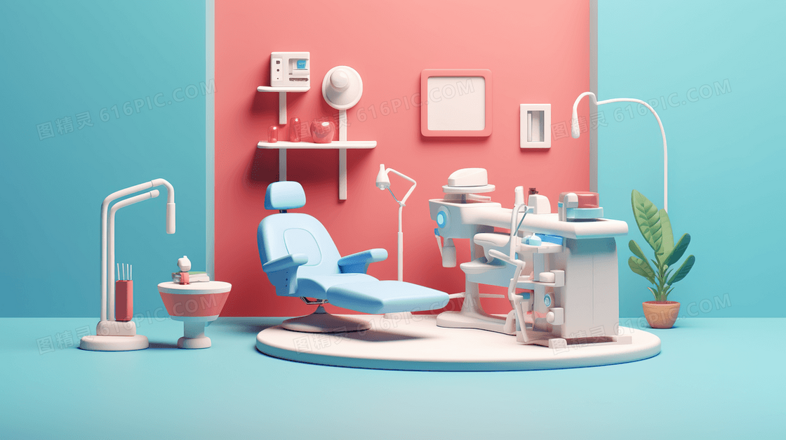 医院牙医治疗室3D立体C4D几何玩具模型插画