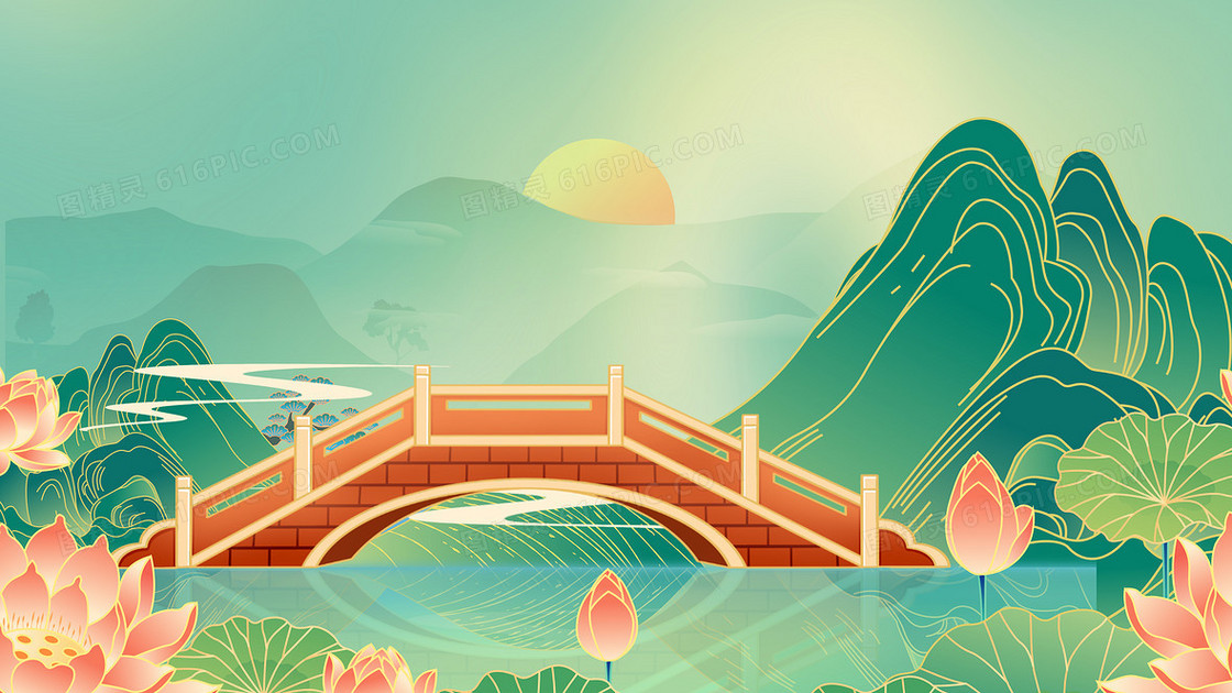 国潮建筑中国风拱桥插画