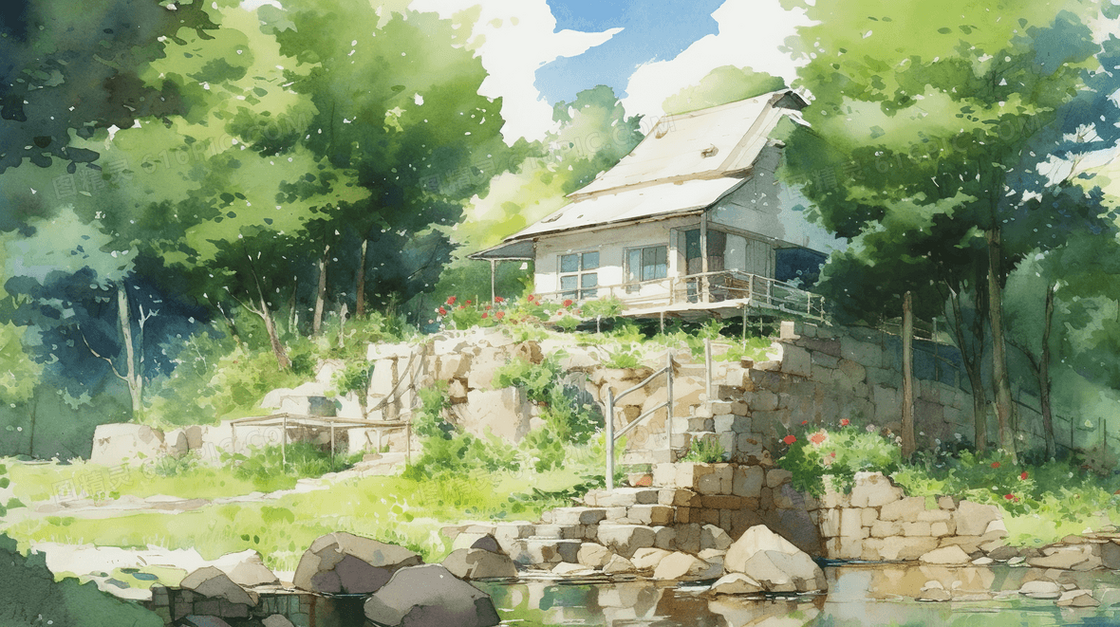 唯美乡村小屋田园生活风景插画