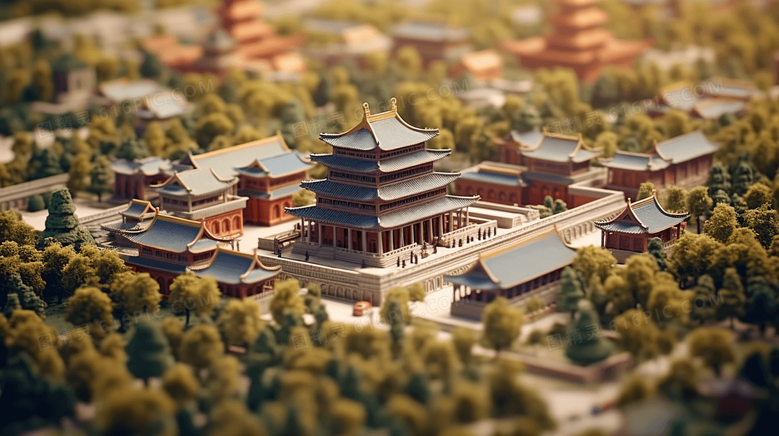 中国风3D立体古建筑模型插画