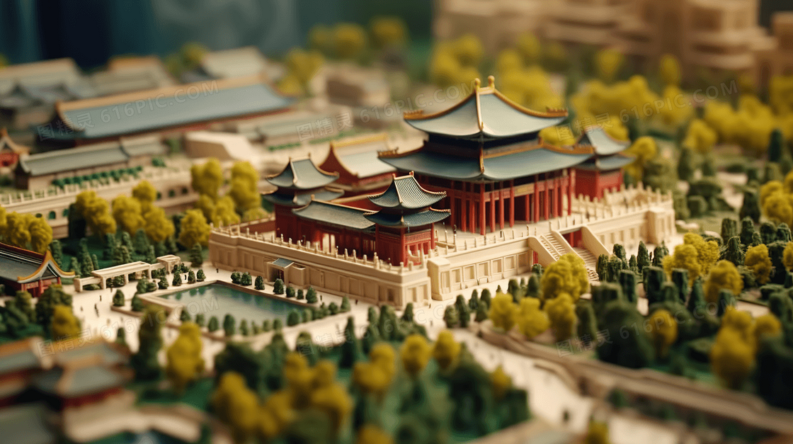 中国风3D立体古建筑模型插画