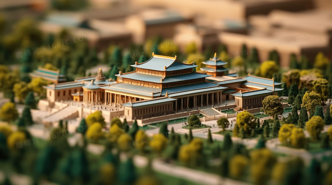 中国风3D立体古建筑模型插画